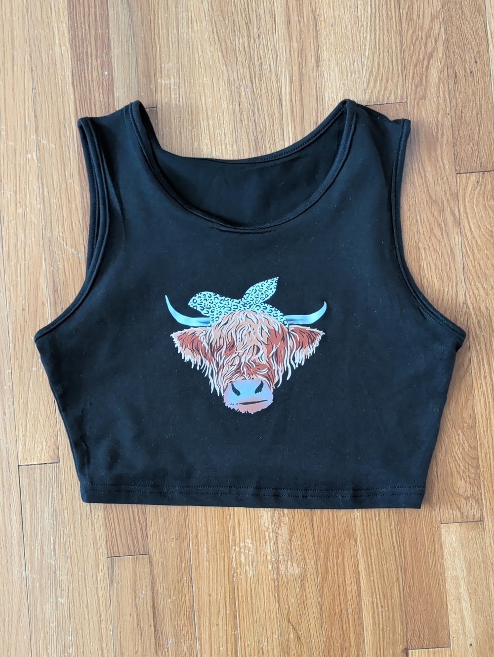 Black Crop Tank Top with Highland Cow Graphic